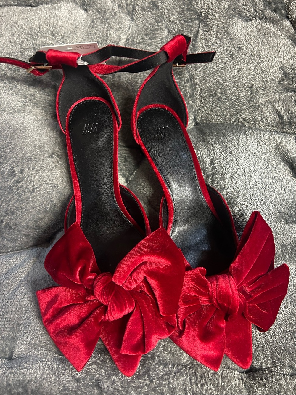 H&M Red Velvet Bow Ankle-Strap Heels
